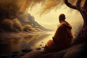 generativo ai ilustración de budista monje en meditación junto a el río con hermosa naturaleza antecedentes foto
