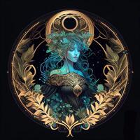 illustration of cyberpunk Zodiac sign with a forest growing on shoulders, galaxy, centered inside intricate gold circle of foliage photo