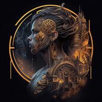 illustration of cyberpunk Zodiac sign with a industrial smoke, mechanic detail on shoulders, pollution, centered inside intricate gold and fire circle of city and Skyscrapers, steam punk photo