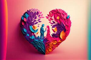 illustration of origami Valentine day background, happy couple, colorful. Paper cut craft, 3d paper style. Neural network generated art. Digitally generated image photo