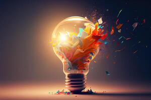 illustration of bright idea for business, education, star up growth, light bulbs on dark background, idea concept photo