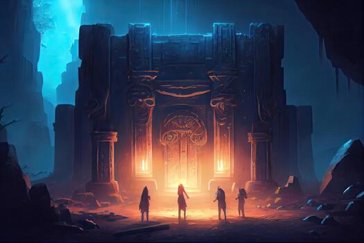 illustration of a mystical, ancient temple with glowing runes and a group of adventurers delving into its secrets, in a mystical and mysterious style photo