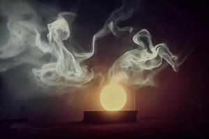 illustration of White curve fog, smoke, clouds, fire and dark background with spotlight. Abstract illustration art. Pattern texture, use for ad, poster and template, business.Digital art photo