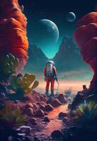 illustration of extraterrestrial exploration, an alien landscape with floating rocks and plants photo