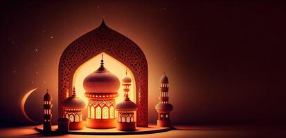 illustration of Islamic holiday. Ramadan night. Mosque and lantern displayed on stages with glowing light in the evening. Wallpaper and banner background. photo