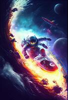 illustration of a space explorer riding a rocket-powered surfboard through an asteroid field, in a digital art style with a galactic color palette photo