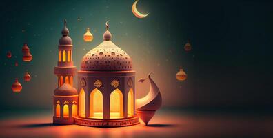 illustration of Islamic holiday. Ramadan night. Mosque and lantern displayed on stages with glowing light in the evening. Wallpaper and banner background. photo