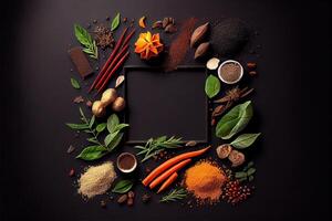 illustration of wide variety spices and herbs on background of black table, with empty space photo