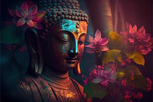 illustration of abstract lifelike buddha, flowers, magic lighting, beautiful metallic and stone colors, detailed, natural lighting, natural environment. Digitally generated image photo