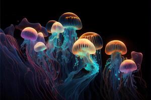 illustration of Glowing sea jellyfishes on dark background, light, magic, sea photo