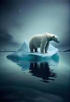 illustration of lonely white bear on iceberg, aurora sky photo