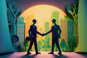 Business man in the city background, colorful. Business handshaking, successful concept. Paper cut craft, 3d paper illustration style. Neural network generated art. photo