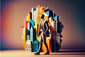 Business man in the city background, colorful. Business handshaking, successful concept. Paper cut craft, 3d paper illustration style. Neural network generated art. photo