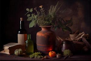 illustration of the ingredients of a flower vase arranged for a witch's cookbook. Herbs, bottles, vials, terracotta mixing pot photo