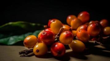 A branch of raw coffee fruits studio shot product photography and good presentation. photo