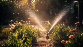 Water splash spray at the vegetable field crop or garden soil could be from hose or garden sprinkler. Watering the plant at the garden backyard or vegetable crop. photo