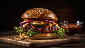 American cheese bbq beef with tomato lettuce juicy burger fast food presentation studio product isolated on black background. photo