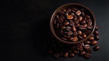 A bowl of roasted dried coffee beans studio shot good for product and marketing with some copy space or for background and backdrop. Flat lay, copy space, close up macro product and studio shot. photo