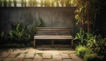 Backyard garden wooden bench a place to sit and relax with nature and plant surround. Background and backdrop. photo