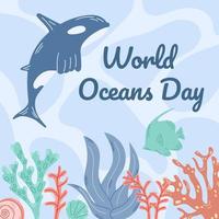 Square background for world oceans day with killer whale illustration. vector