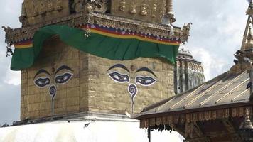 yeux de Bouddha à swayambhunath stupa dans Katmandou, Népal. singe temple. video