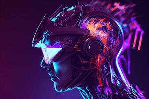 illustration of Metaverse concept and virtual world elements. Side view of human face in augmented or virtual reality headset inside the metaverse photo