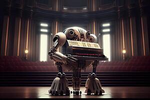 illustration of robot playing the piano in a grand concert hall photo