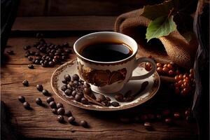 illustration of Cup of coffee and coffee beans on old wooden table and the plantations tea hill background photo