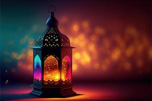 illustration of Muslim Holy Month Ramadan Kareem Arabic Lantern with bokeh, Neon light and lantern displayed on stages with glowing light in the evening. Wallpaper and banner background. photo