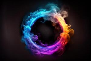 illustration of neon smoke exploding outwards with empty center. Dramatic smoke or fog effect for spooky, hot lighting ring circle photo