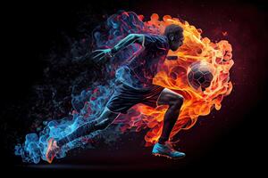 illustration of the essence of a soccer player in motion as they kick a ball with intense energy, surrounded by vibrant colors and splashes photo