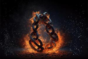 illustration of breaking steel chain with fire dust in dark background. Neural network generated art. photo