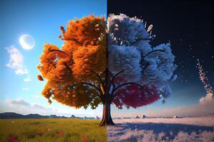 illustration of the four temporal seasons in one face, one frame, one tree. Nature concept. Digitally generated image photo