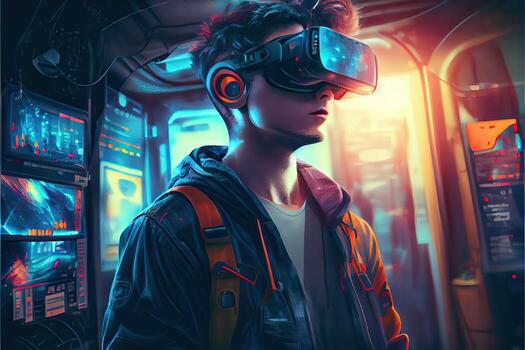 generativo ai ilustración de un entusiasta joven hombres vistiendo virtual realidad gafas de protección es dentro el metaverso. metaverso concepto y virtual mundo elementos. neural red generado ai Arte foto