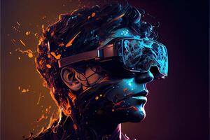 illustration of Metaverse concept and virtual world elements. Silhouette of a human face in augmented or virtual reality headset. Neural network art photo