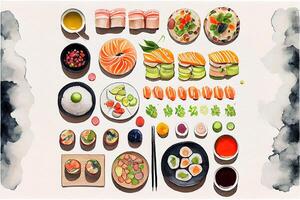 illustration of knolling japanese cuisine food, watercolor paint style, set of asian food photo