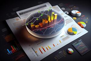 illustration of crypto market data, chart, silhouette crypto currency market, isometric, colorful gradient background photo