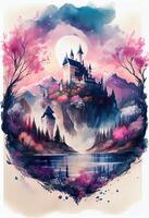 illustration of magical land of enchanted forests, castle, sparkling waterfalls and lush meadows, lake and fairy tail photo
