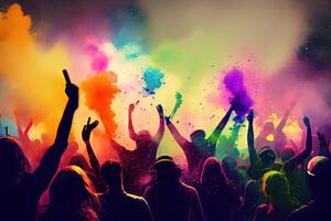 illustration of crowd of fans at concert, Dance, sing, and splatter colored water and paint all over the place to celebrate the festival of colors photo
