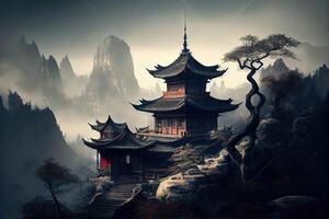 illustration of Fantasy background with mysterious ancient Chinese temple in mountains. Digital artwork. Chinese style. Gaming and art concept. photo