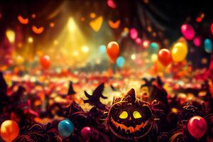 illustration of Colorful halloween indoor party, children playing on night halloween street, creepy castle, american neighborhood background. Digitally generated image. photo