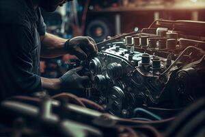 illustration of the expertise and professionalism of a mechanic as he works on repairing the engine of a car in a well-equipped garage photo