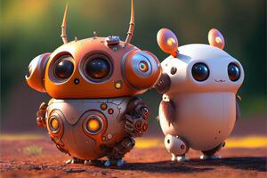 illustration of two cute robots stay together on ground, futurism, high tech. photo