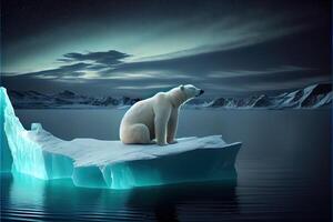 illustration of lonely white bear on iceberg, aurora sky photo