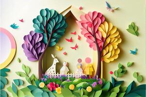 illustration of origami spring background, joyful elderly, happy family with parent, colorful. Paper cut craft, 3d paper illustration style, pop color. Neural network generated art. photo