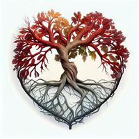 generativo ai ilustración de árbol de vida, raíces haciendo rojo corazón forma, céltico estilo, vistoso, blanco antecedentes foto