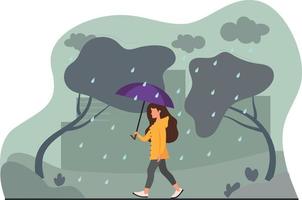 Autumn rain. Girl in the rain. High quality vector illustration.