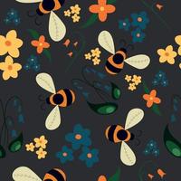 Vector seamless pattern with bees and flowers.