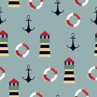 Marine vector pattern. Pattern with lighthouses, anchors and lifebuoys. High quality vector illustration.