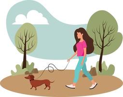 alto calidad vector ilustración. el niña camina con el perro. caminar con un perro tejonero.